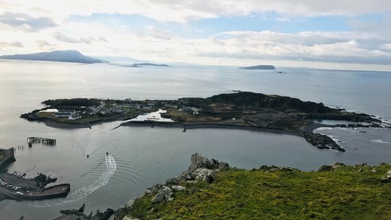Easdale harbour and the slate islands seen from above